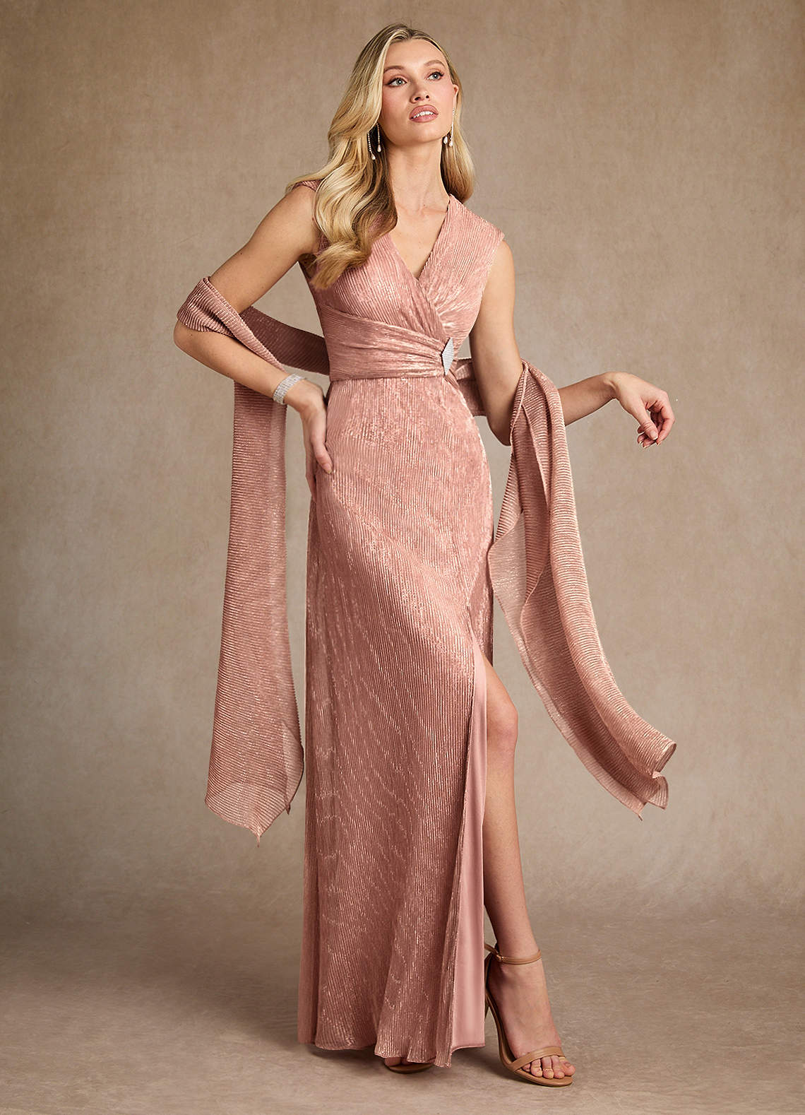 Rose Gold A-Line Pleated Metallic Mesh Dress