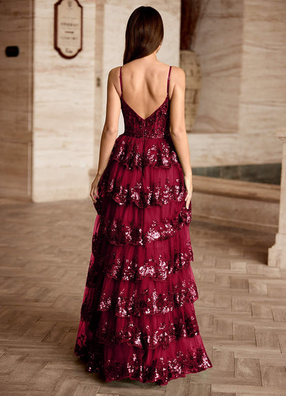 Tindra Burgundy Sequins Ruffles Prom Dress  Dress