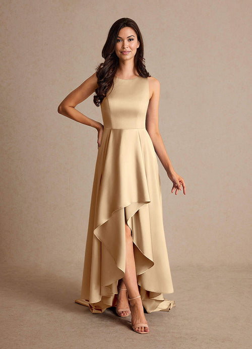 Champagne A-Line Trains Stretch Satin Dress