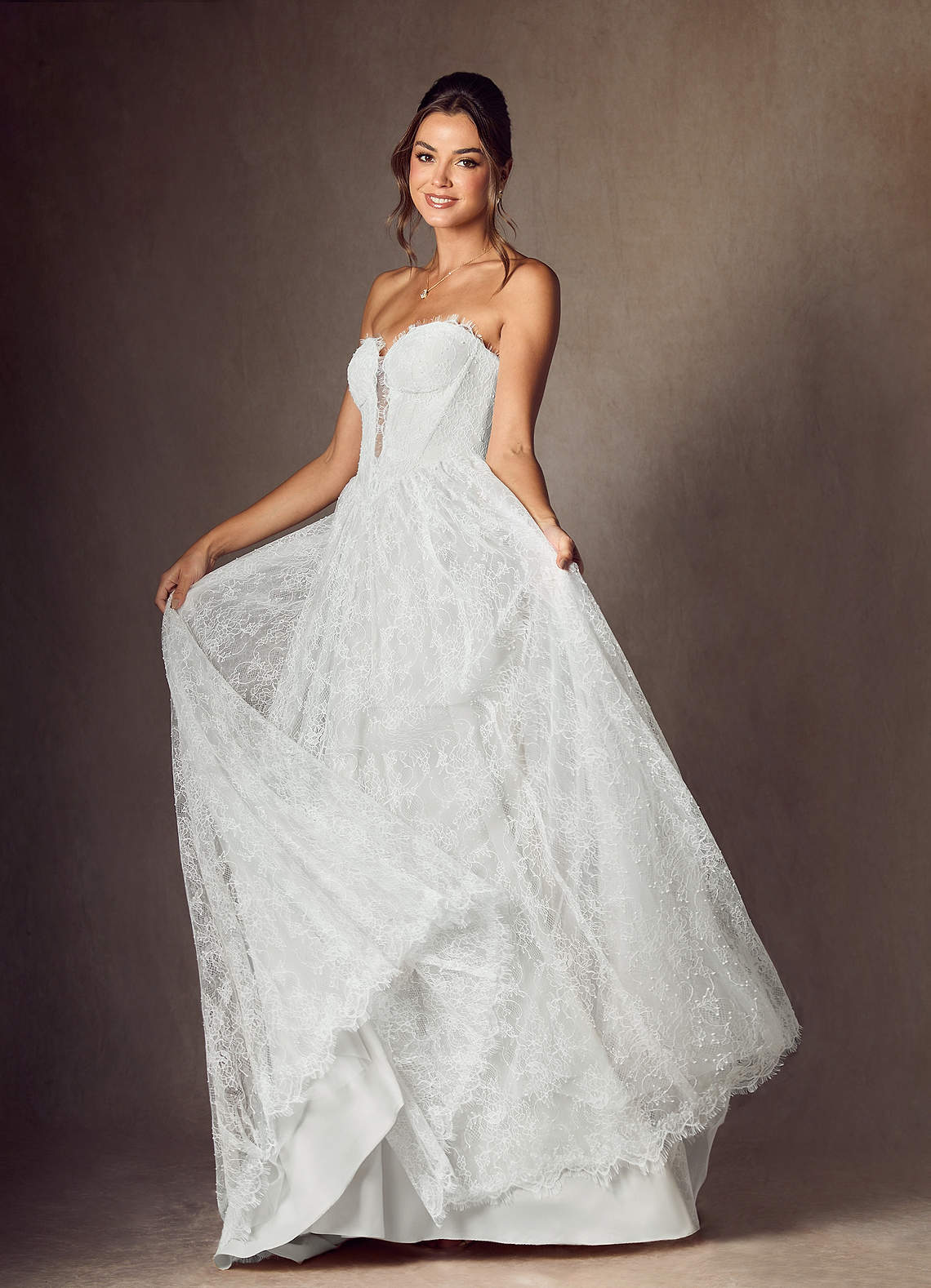Diamond White A-Line Strapless Lace Dress
