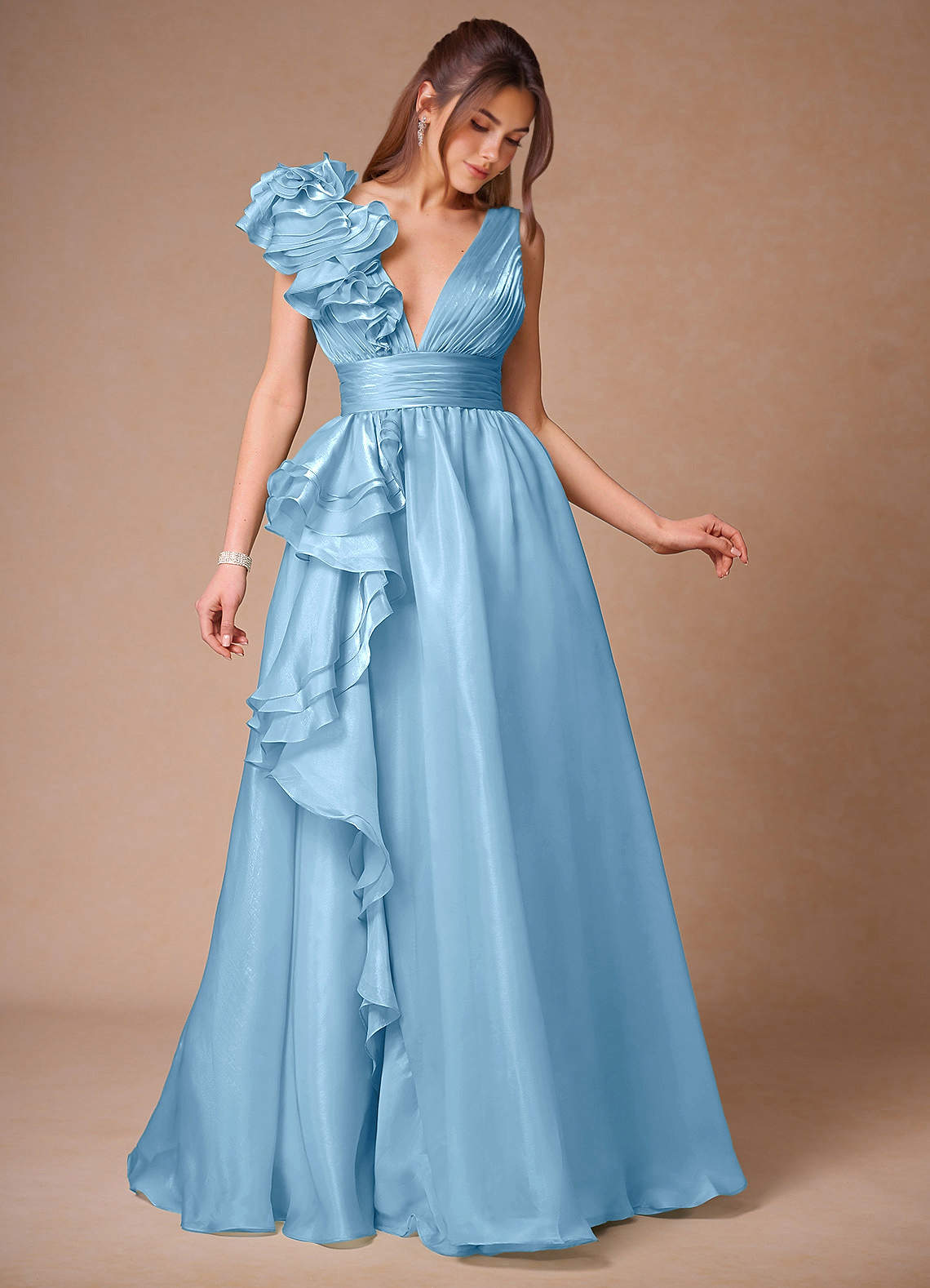 Vespera Mint Blue Ruffles Gown  Dress