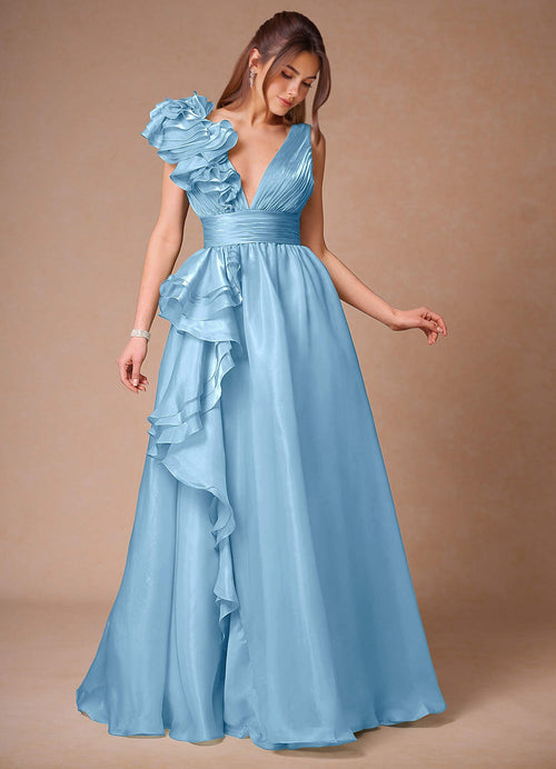 Vespera Mint Blue Ruffles Gown  Dress