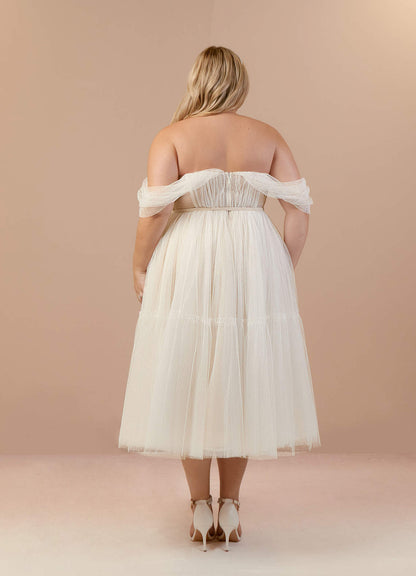 Diamond White Champagne A-Line Off-The-Shouler Tulle Dress
