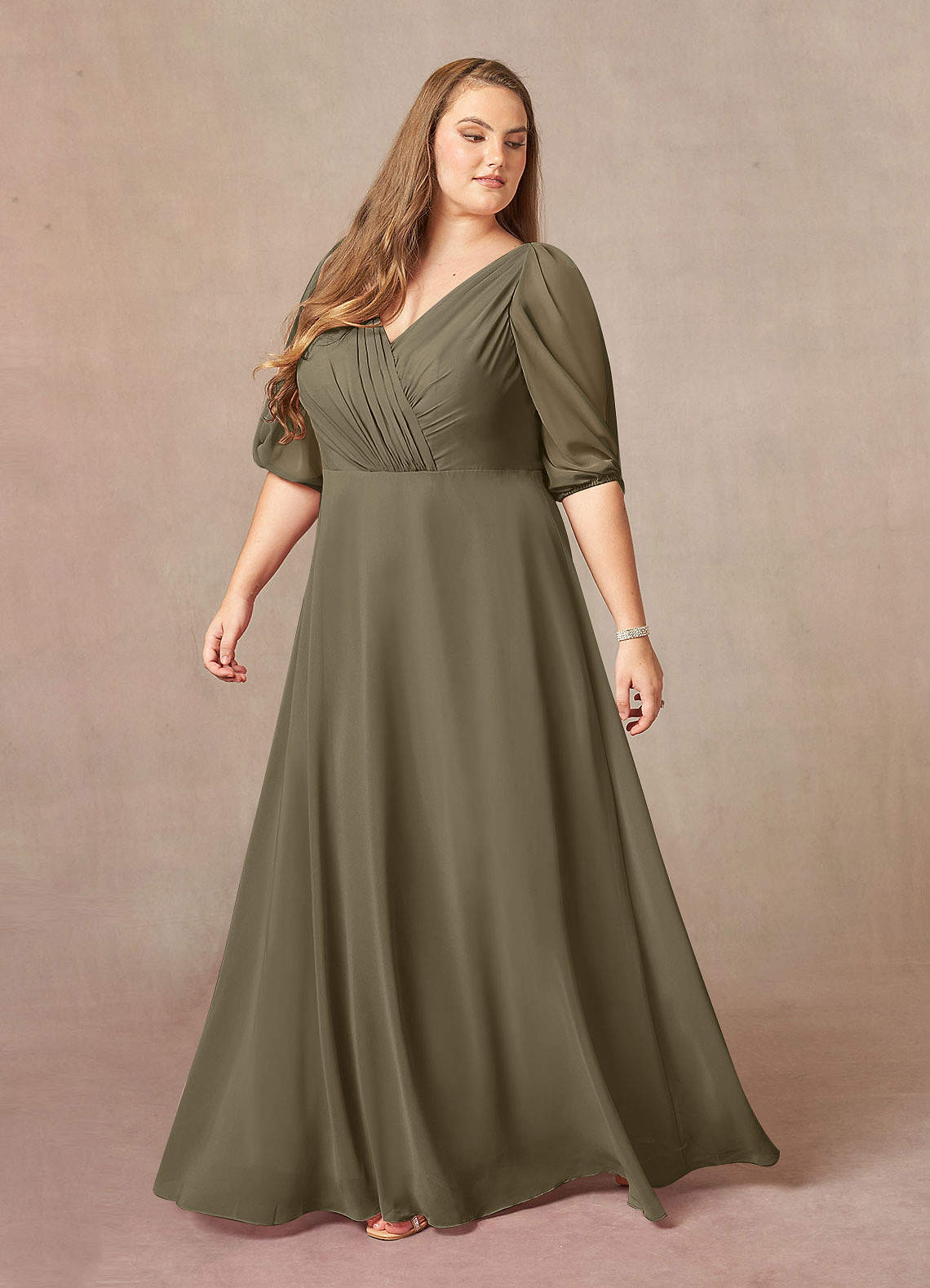 Willow Green A-Line V-Neck Ruched Chiffon Dress