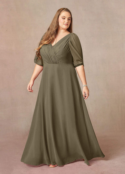 Willow Green A-Line V-Neck Ruched Chiffon Dress