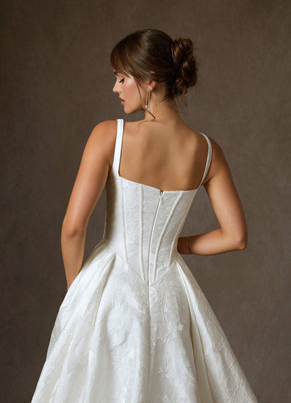 Diamond White Ball-Gown with Pockets Floral Jacquard Dress