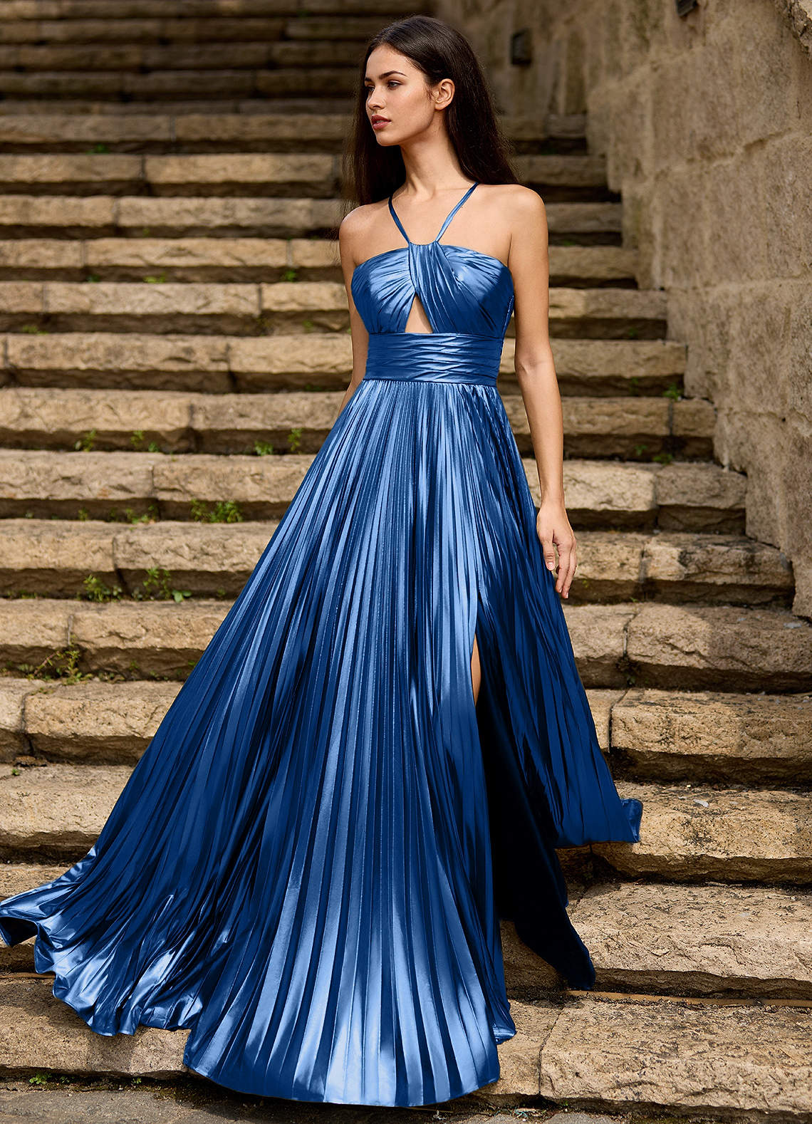 Foil Blue Metallic Prom Dress