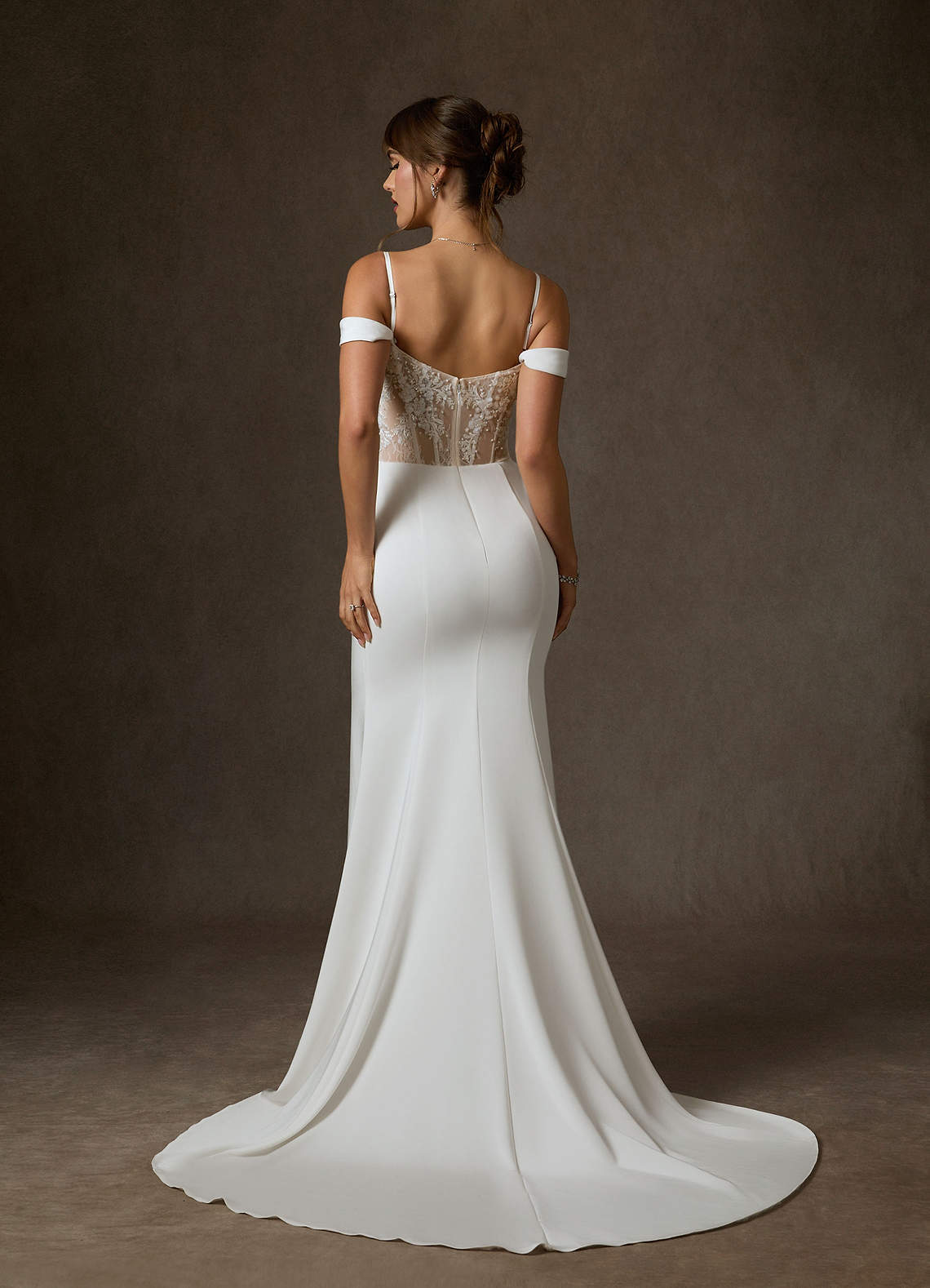 Diamond White Nude Mermaid Off the Shoulder Crepe Back Satin Dress