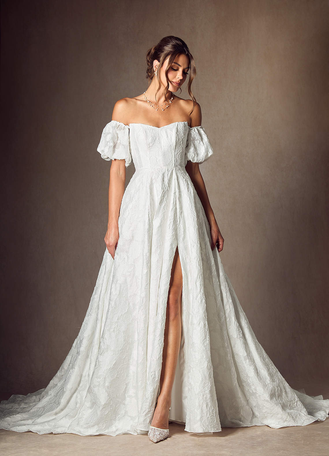 Diamond White Ball-Gown Sweetheart Neckline Floral Burnout Jacquard Dress