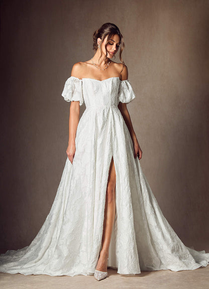Diamond White Ball-Gown Sweetheart Neckline Floral Burnout Jacquard Dress