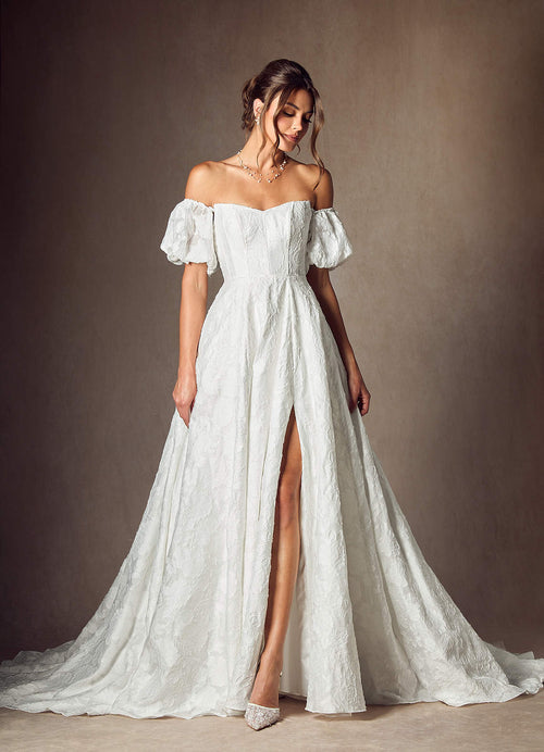 Diamond White Ball-Gown Sweetheart Neckline Floral Burnout Jacquard Dress