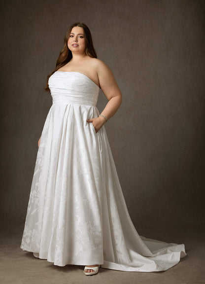 Diamond White A-Line Strapless Floral Jacquard Dress