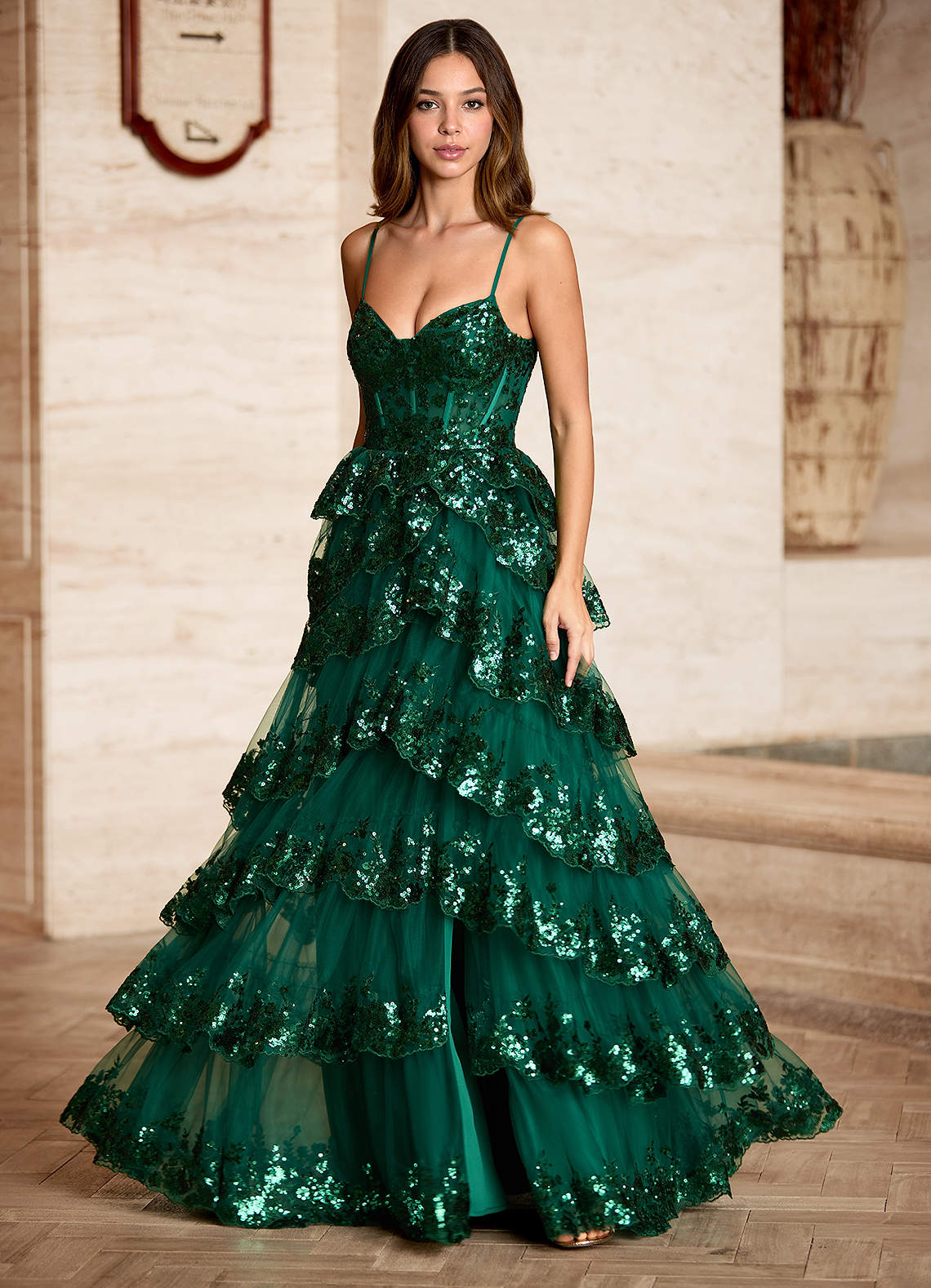 Tindra Green Sequins Ruffles Prom Dress  Dress