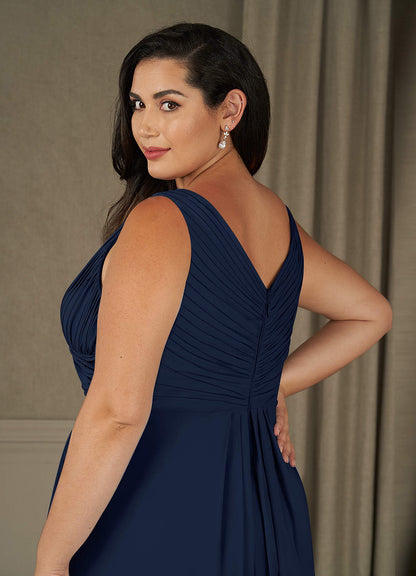 Dark Navy A-Line Pleated Stretch Chiffon Dress