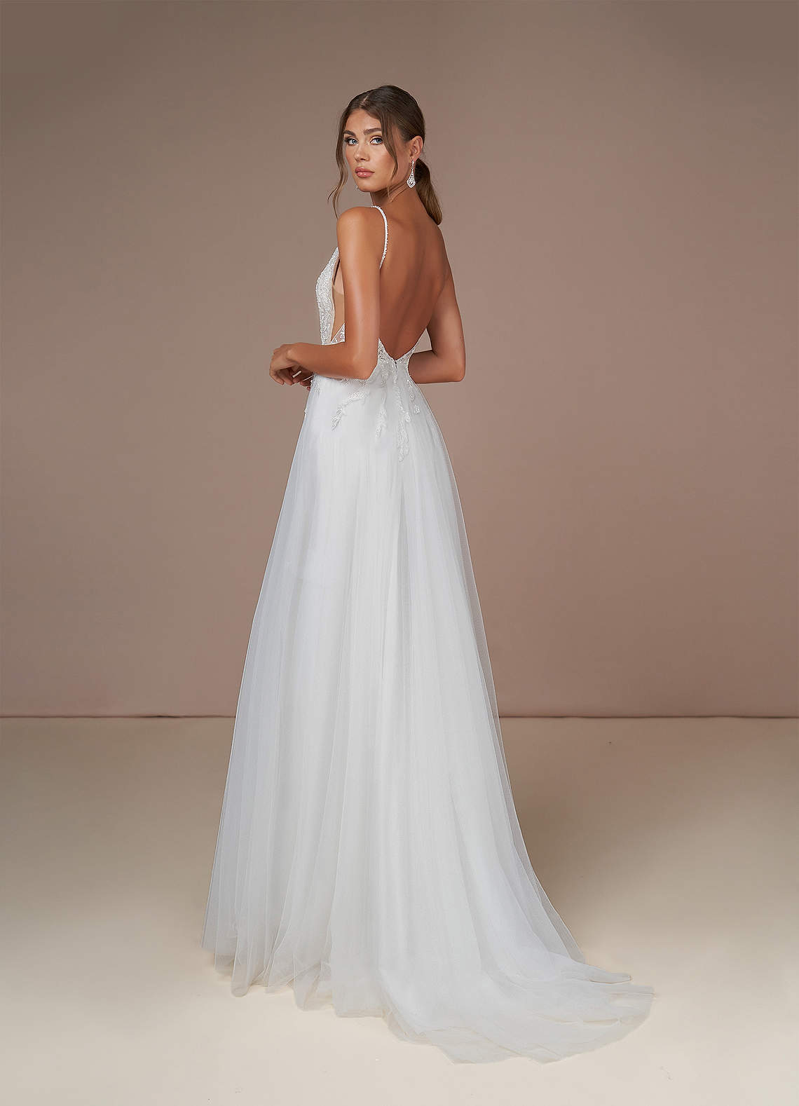Diamond White Champagne A-Line V-Neck Sequins Tulle Dress