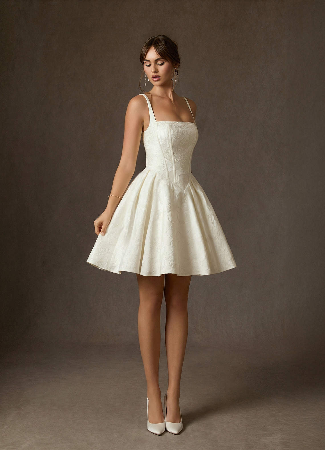 Antique White A-Line with Pockets Floral Jacquard Dress
