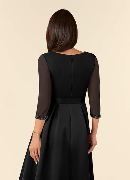 Black A-Line Pleated Matte Satin Dress
