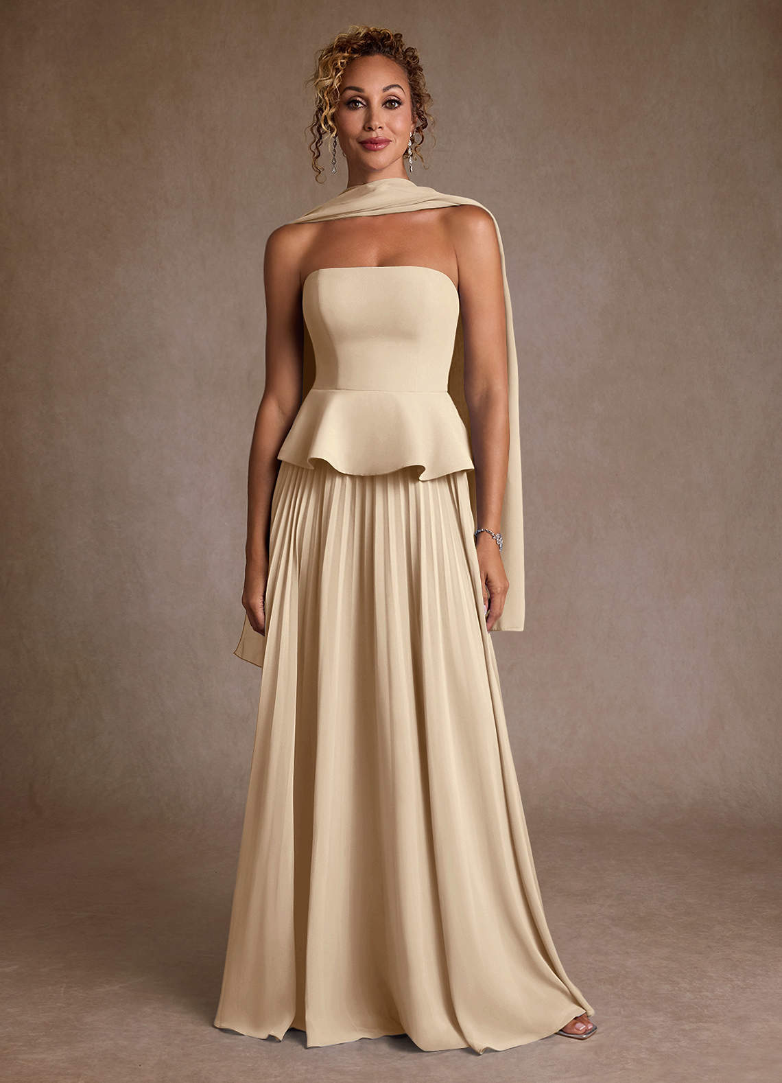 Champagne A-Line Pleated Chiffon Dress