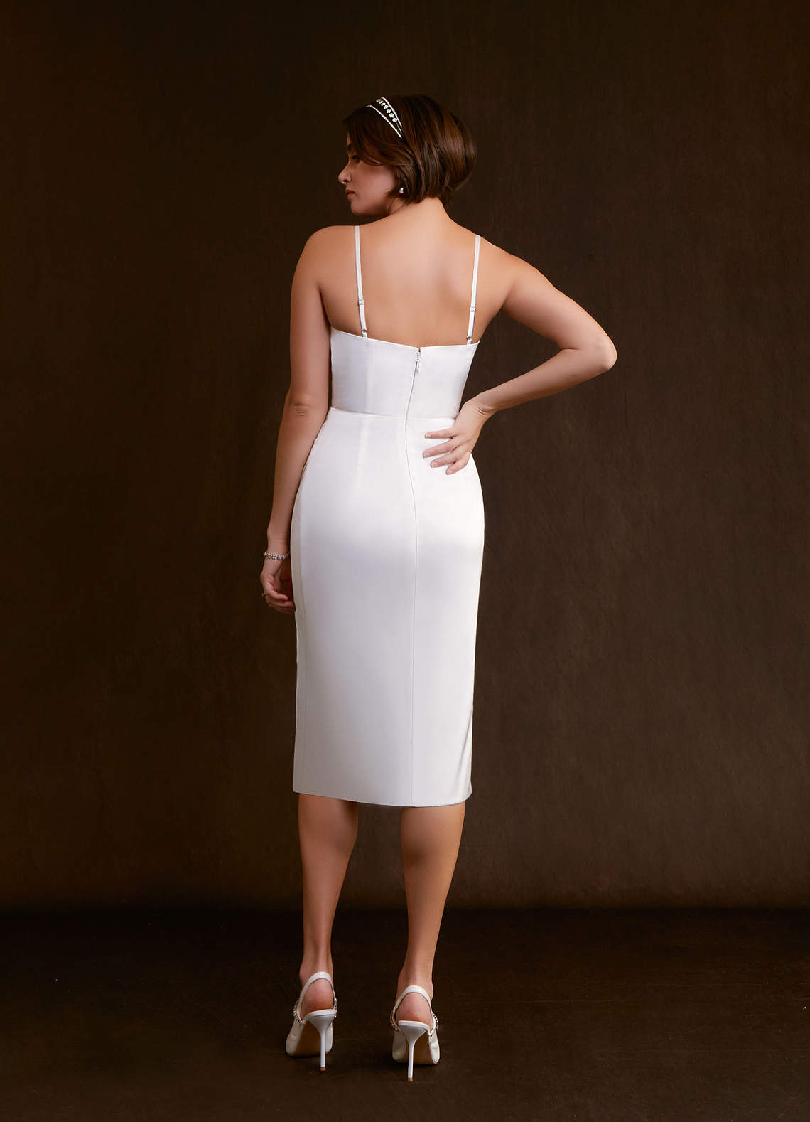 Diamond White Sheath Pleated Stretch Satin Dress