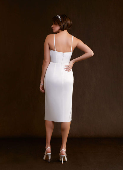 Diamond White Sheath Pleated Stretch Satin Dress