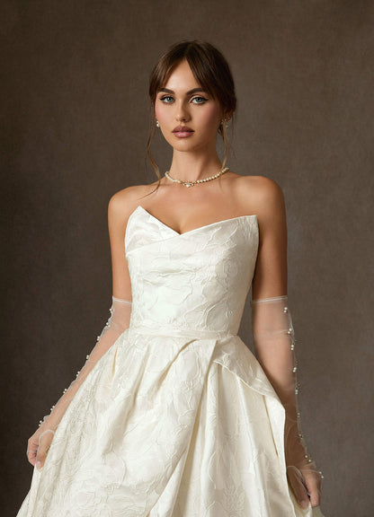 Antique White Ball-Gown Strapless Floral Jacquard Dress