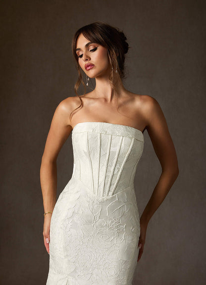Antique White Mermaid Strapless Floral Jacquard Dress