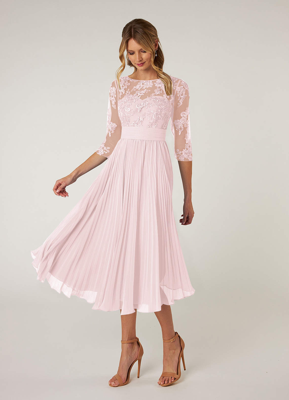 Blushing Pink A-Line Boatneck Lace Chiffon Dress