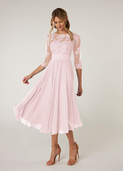 Blushing Pink A-Line Boatneck Lace Chiffon Dress