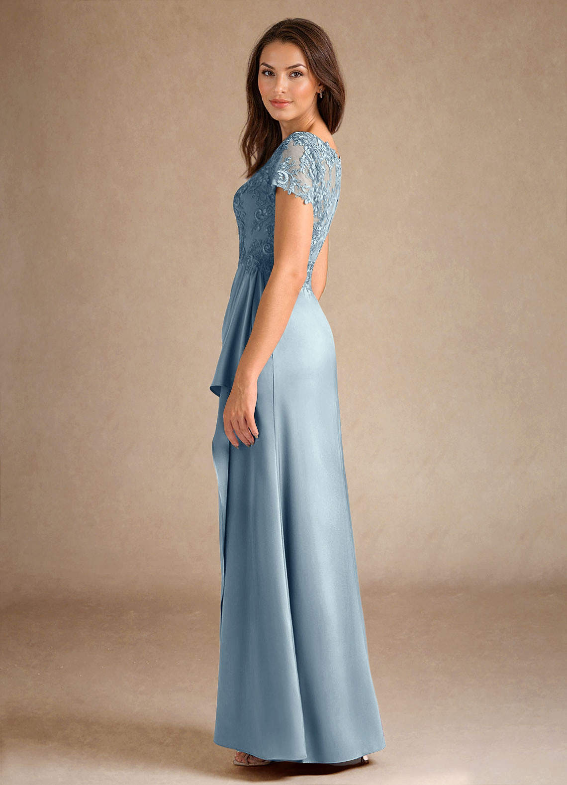 Dusty Blue A-Line Lace Stretch Satin Dress
