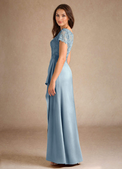 Dusty Blue A-Line Lace Stretch Satin Dress