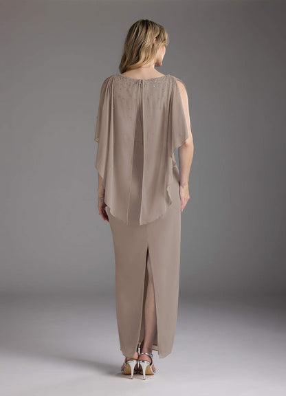 Taupe Sheath Beaded Mesh Dress