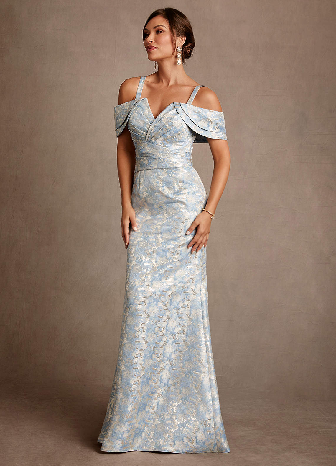 Dusty Blue Mermaid Off the Shoulder Floral Jacquard Dress