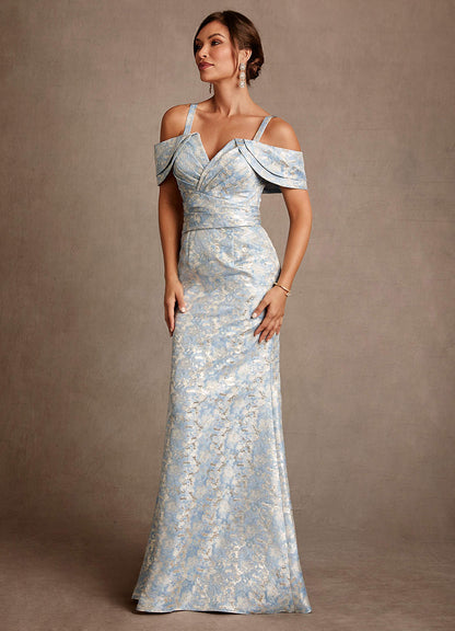 Dusty Blue Mermaid Off the Shoulder Floral Jacquard Dress