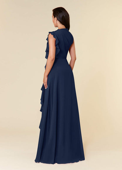 Dark Navy A-Line High Neckline Pleated Chiffon Dress