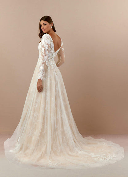 Diamond White Champagne A-Line V-Neck Sequins Tulle Dress