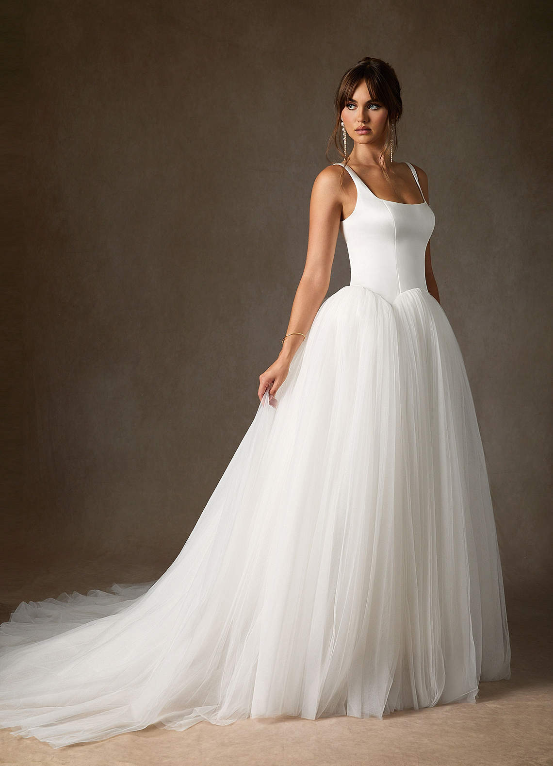 Diamond White A-Line Detachable Train Double Faced Satin Dress