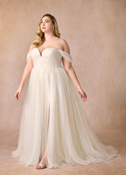 Diamond White Champagne A-Line Off the Shoulder Tulle Dress