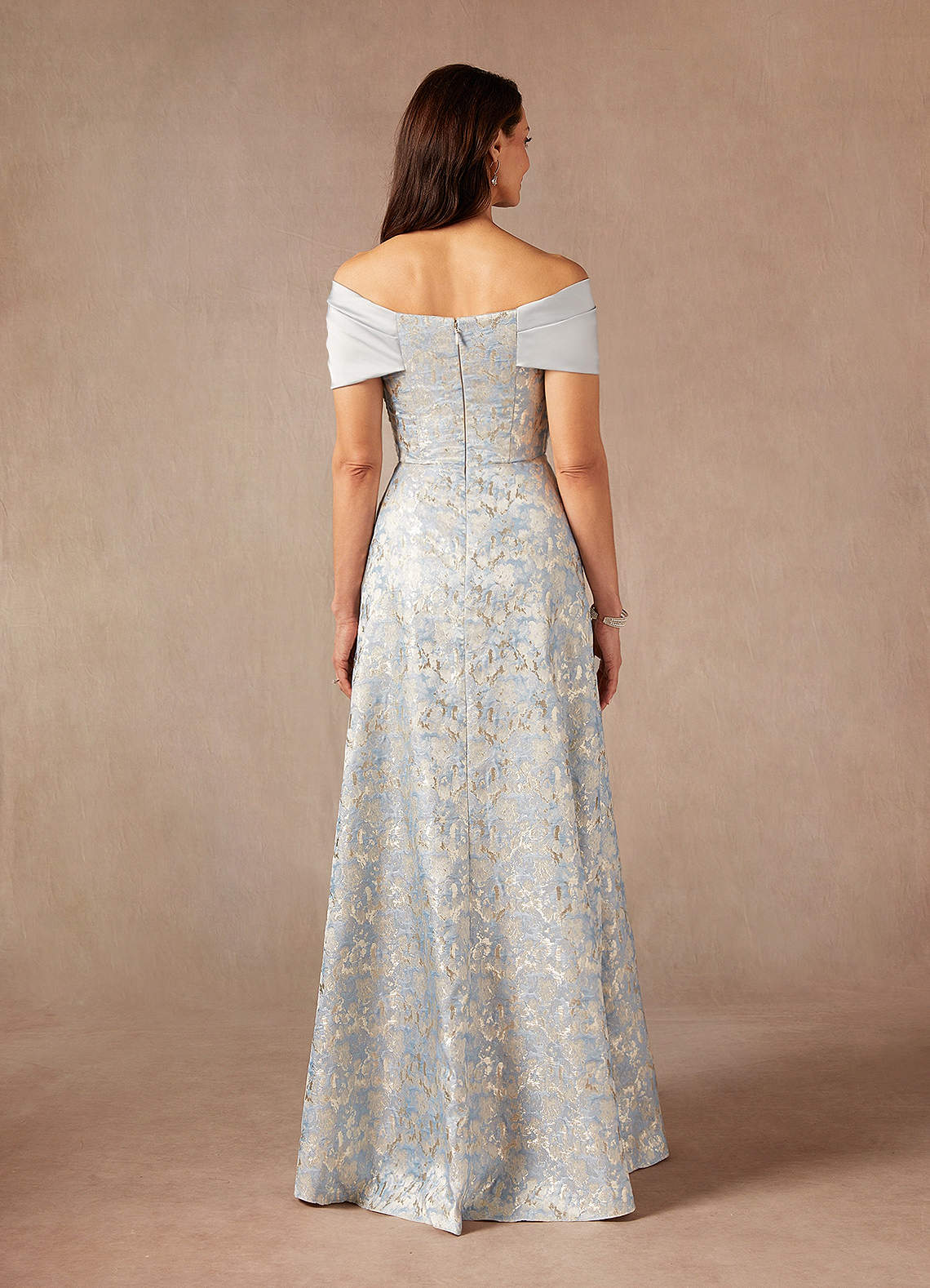 Dusty Blue A-Line Off the Shoulder Jacquard Dress