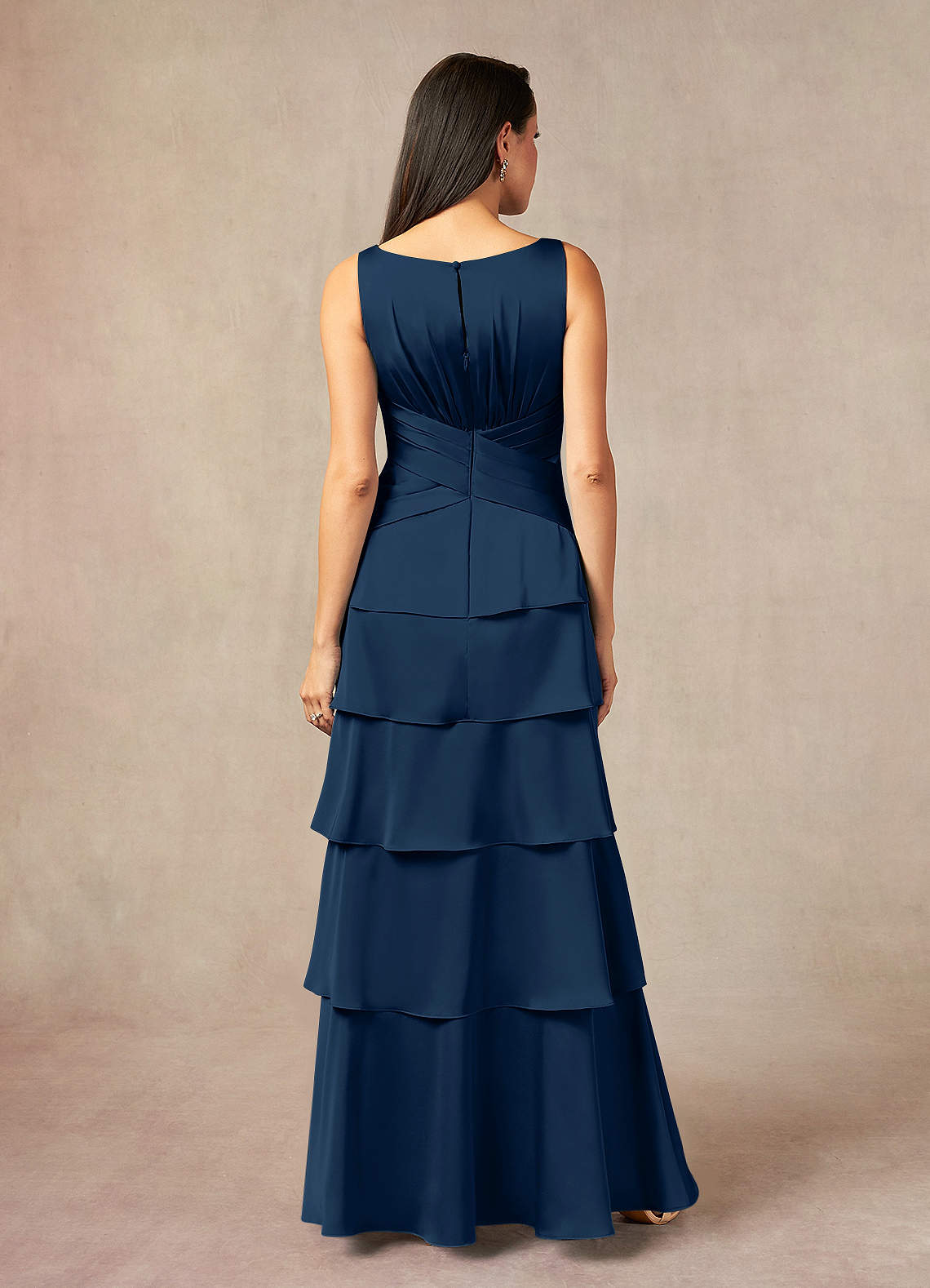 Dark Navy A-Line Pleated Stretch Satin Dress