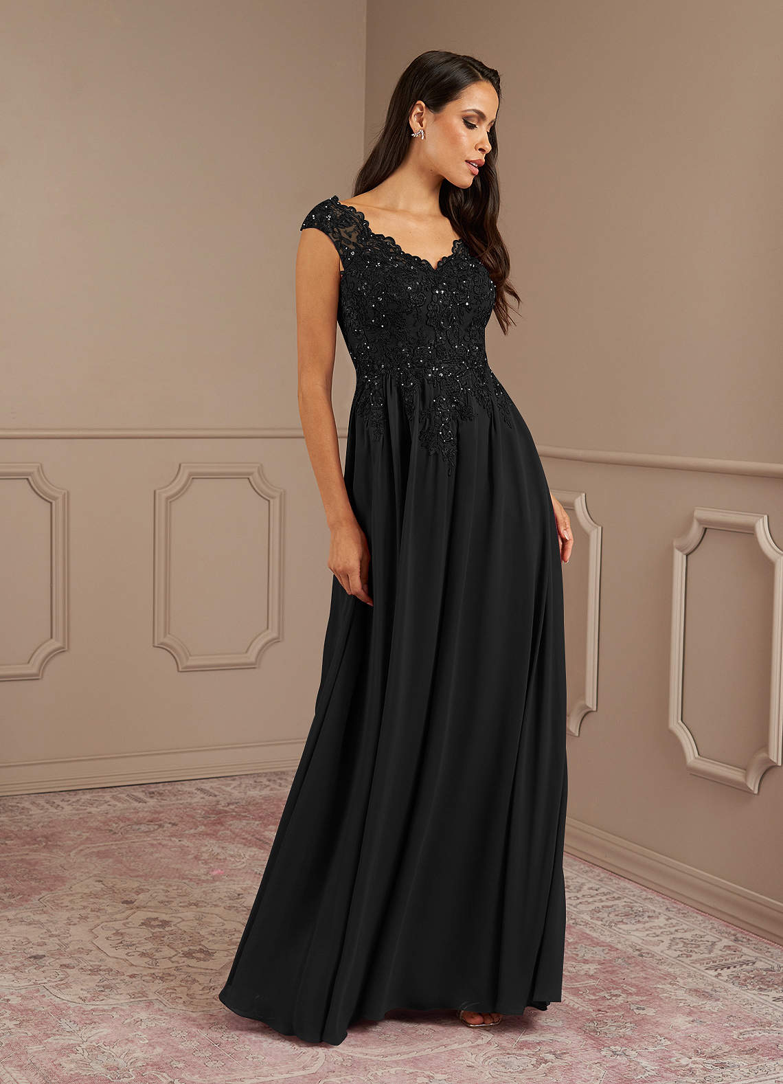 Black A-Line V-Neck Sequins Chiffon Dress