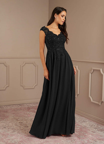 Black A-Line V-Neck Sequins Chiffon Dress