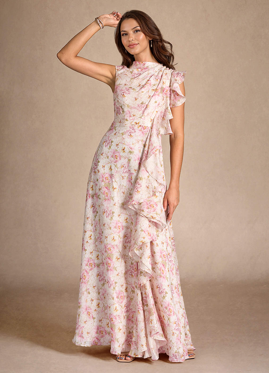 Antique Rose Floral A-Line Pleated Floral Chiffon Dress