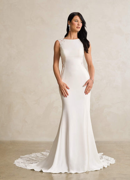 Diamond White Mermaid Scoop Sequins Stretch Crepe Dress