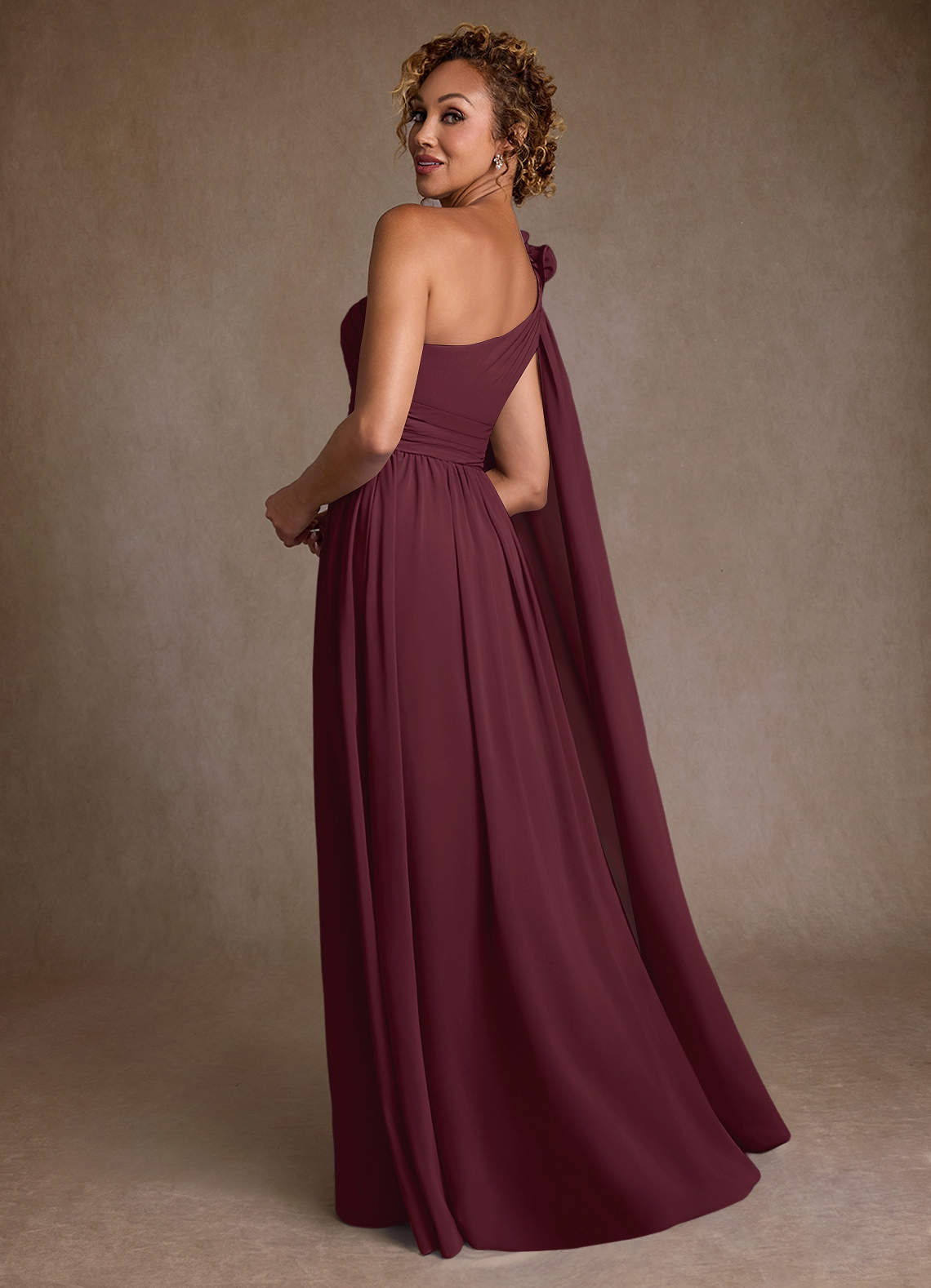 Cabernet A-Line One Shoulder Chiffon Dress