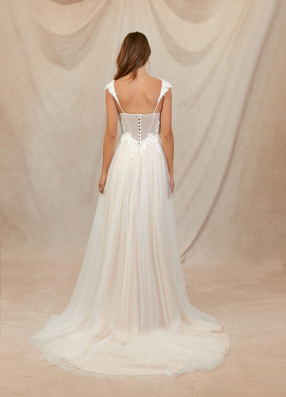 Diamond White Champagne A-Line Lace Tulle Dress