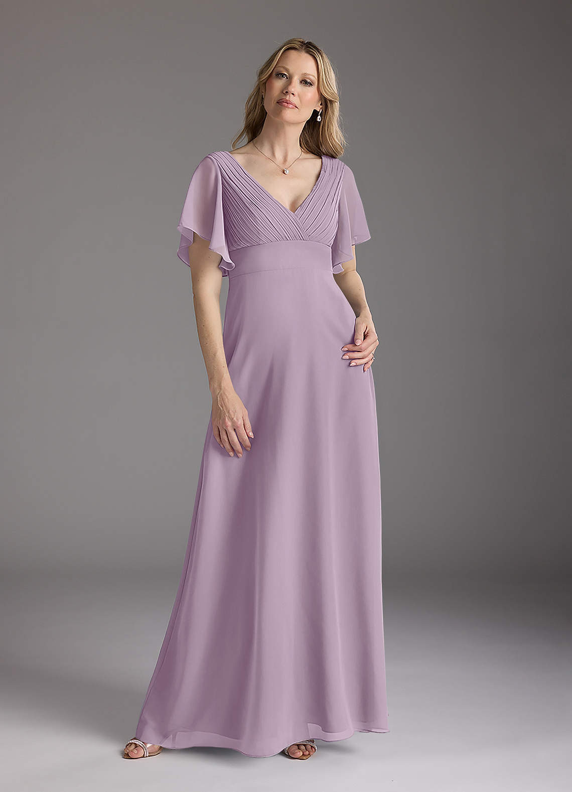 Wisteria A-Line V-Neck Pleated Chiffon Dress