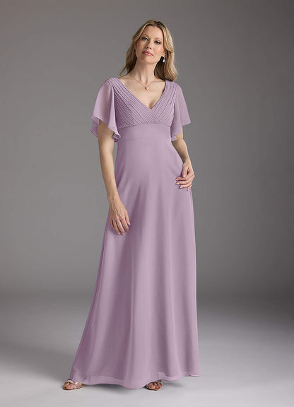 Wisteria A-Line V-Neck Pleated Chiffon Dress