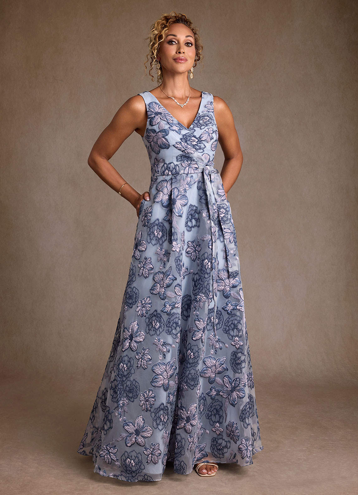 Dusty Blue Jacquard A-Line Pleated Floral Jacquard Dress
