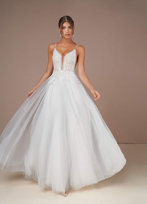 Diamond White Champagne A-Line V-Neck Sequins Tulle Dress