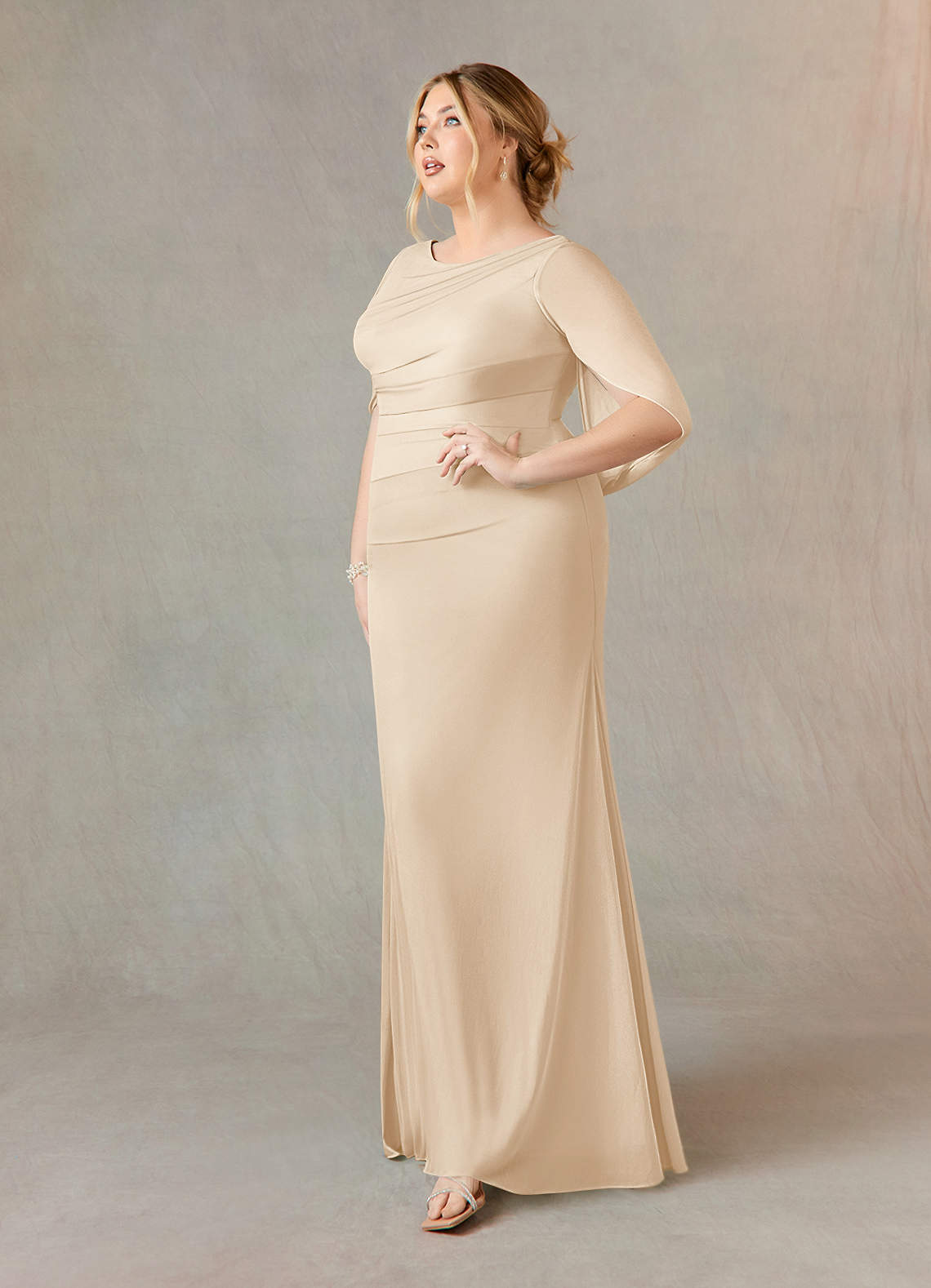 Champagne Mermaid Scoop Pleated Mesh Dress